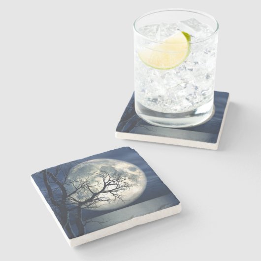 3D Landschaft Hintergrund mit Mond über dem Meer Steinuntersetzer (Seitenansicht)