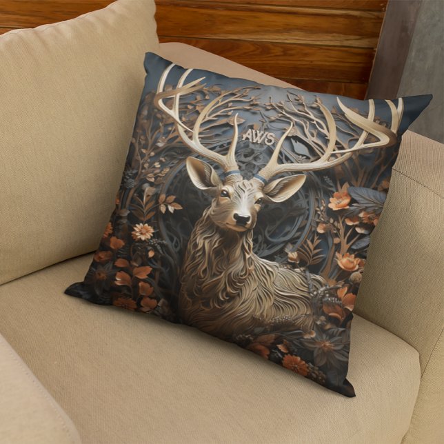3d Large Antler Buck Deer Rustic Monogram Kissen (Perfect for the old hunting cabin.)