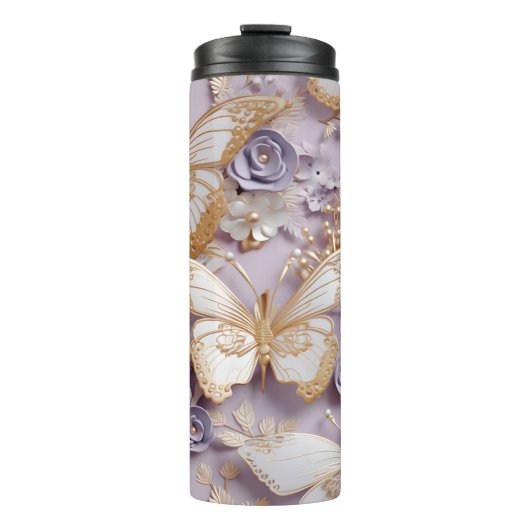 3D Lilac, Gold und Pearl Butterfly Thermosbecher (Vorderseite)