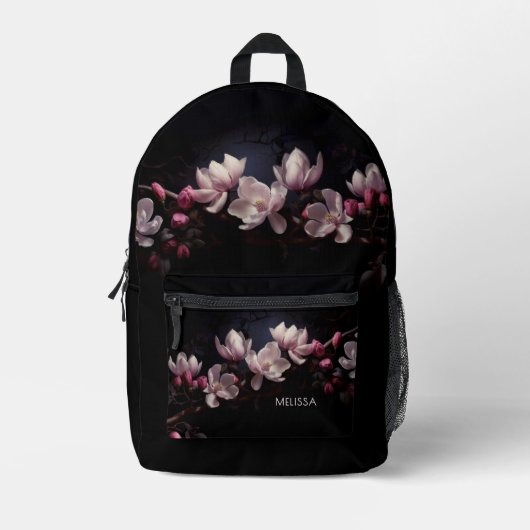 3D Magnolia Black Background Bedruckter Rucksack (Vorderseite)