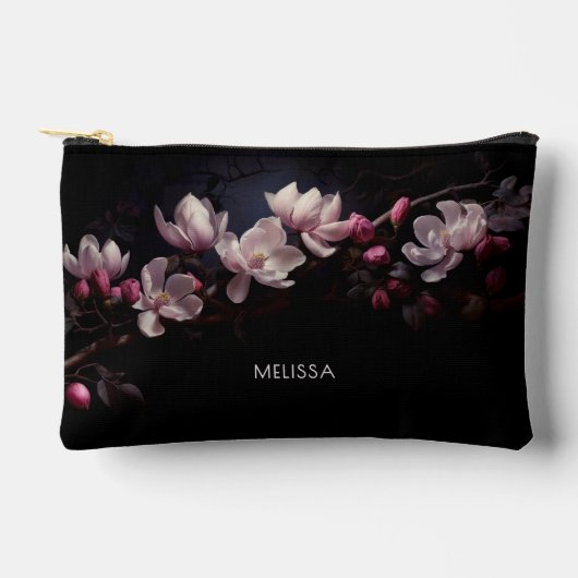 3D Magnolia Black Background Zubehörtasche (Vorderseite)