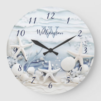 3D-Meeressteine und -Muscheln | Coastal Monogram Große Wanduhr