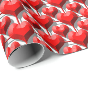 3D Metallic Red Hearts Grid Geschenkpapier