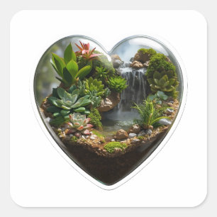 3D-Natur-Terrarium-Herz-Wasserfall-Aufkleber Quadratischer Aufkleber