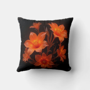 3D-Neon verbrannte orangefarbene Blume auf schwarz Kissen