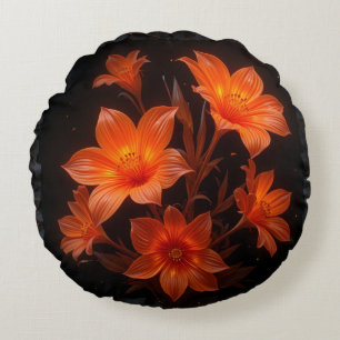 3D-Neon verbrannte orangefarbene Blume auf schwarz Rundes Kissen