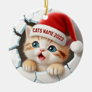 3D Niedlich Kitten in Santa's Hat zu Weihnachten Keramik Ornament