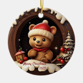 3D Niedlicher Teddybär mit Weihnachtsmannmütze Keramik Ornament (Vorne)