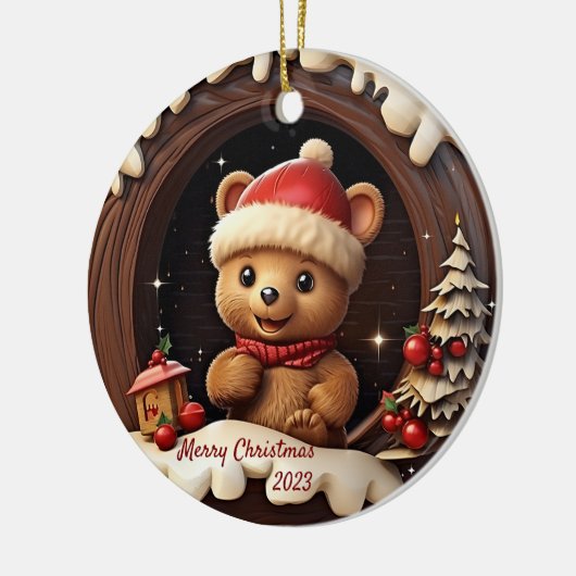 3D Niedlicher Teddybär mit Weihnachtsmannmütze Keramik Ornament (Links)