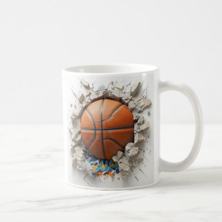 3D Orange Basketball erscheint durch die zerbrechl Kaffeetasse