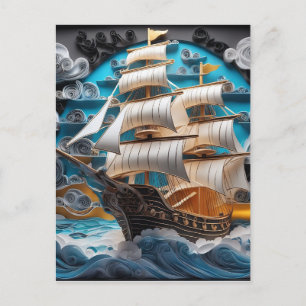 3D-Paperart, Segelschiff in stürmischer See Feiertagspostkarte
