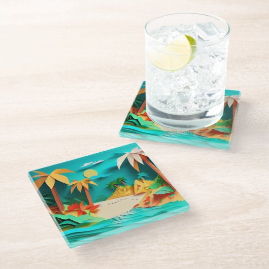 3D Papercraft Tropical Beach Glasuntersetzer (Schrägansicht)