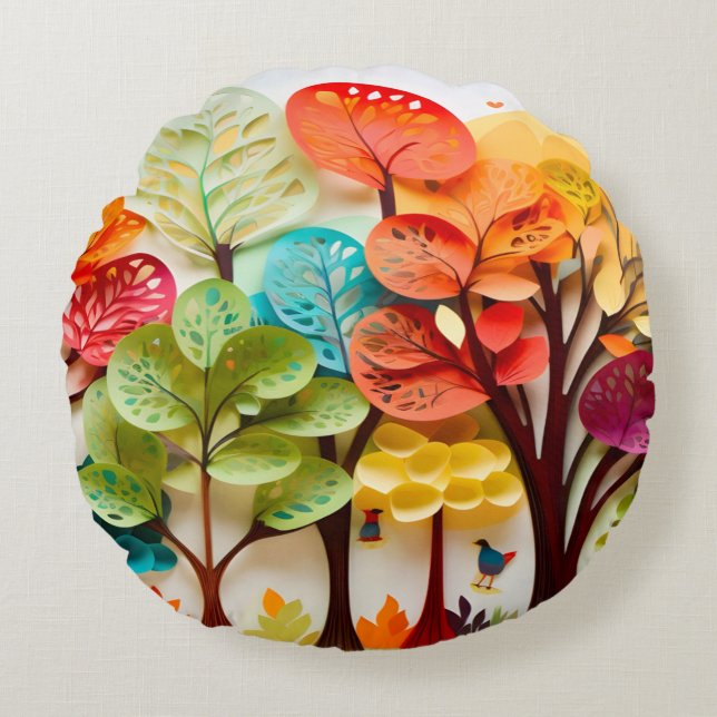3D Papier Schicht Bäume Landschaft Geschenk für si Rundes Kissen (Vorderseite)