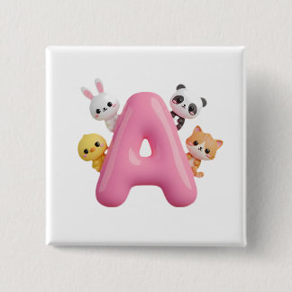 3D Pink Balloon Letter A Forest Animals Square But Button
