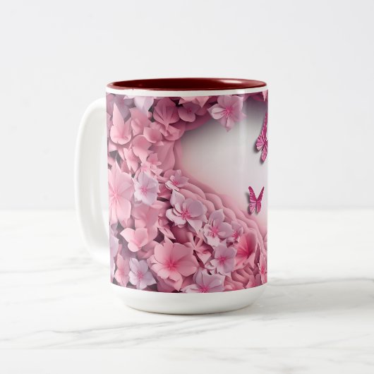 3D Pink Butterfly Tasse: Eine Flutter Beauty Zweifarbige Tasse (Vorderseite Links)