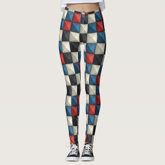 3D Pyramidal Geometric Pattern - Rot, Blau und Cre Leggings (Vorderseite)