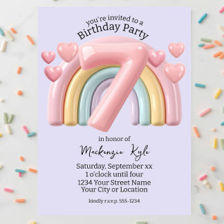 3D Rainbow 7th Birthday Party For Girl Purple Einladung