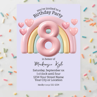 3D Rainbow 8th Birthday Party For Girl Purple Einladung