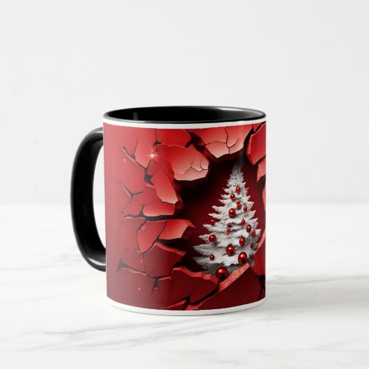 3D Red Cracked Wall Holiday Tree Tasse (Vorderseite Links)