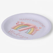 3D Regenbogen 7. Geburtstag Mädchen auf Lila Pappteller (Schrägansicht)