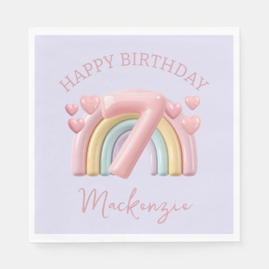 3D Regenbogen 7. Geburtstag Mädchen auf Lila Serviette (Vorderseite)