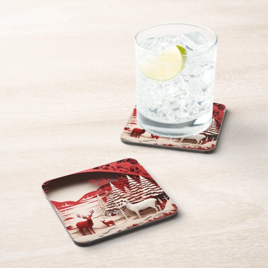 3D-Rentiere im WaldWinter Getränkeuntersetzer (Rechte Seite)