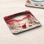 3D-Rentiere im WaldWinter Getränkeuntersetzer (Linke Seite)