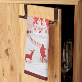 3D-Rentiere und Menschen in Village Geschirrtuch