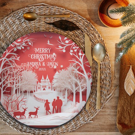 3D-Rentiere und Menschen in Village Pappteller