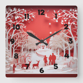 3D-Rentiere und Menschen in Village Quadratische Wanduhr