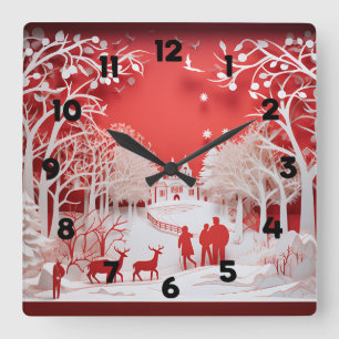 3D-Rentiere und Menschen in Village Quadratische Wanduhr