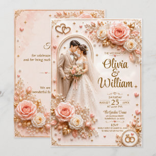 3D Romantische Rosen-Hochzeitskarte Personalisie Einladung