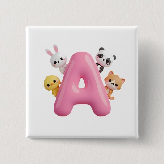 3D-Rosa-Ballon-Buchstabe-A-Waldtiere-Quadrat-But Button (Vorderseite)