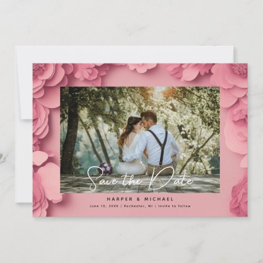 3D rosa blumengeschmücktes Foto Save the Date Einladung (Vorderseite)