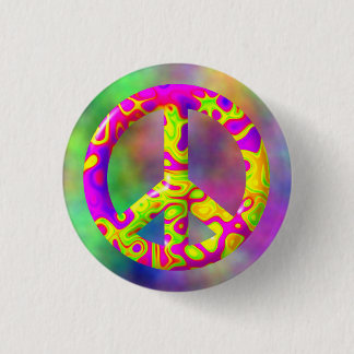 3D rosa gelbes psychedelisches Friedenssymbol auf Button