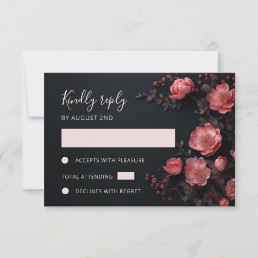 3D Roses Wildflowers Dark Wedding RSVP Karte (Vorderseite)