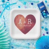 3d rote Herzklopfen Monogramm und Datum Pappteller (Party)