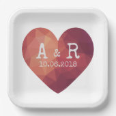 3d rote Herzklopfen Monogramm und Datum Pappteller (Vorderseite)