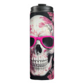 3D-Schädel mit rosa Blumenmotiv und Sonnenbrille Thermosbecher (Vorderseite)
