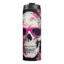 3D-Schädel mit rosa Blumenmotiv und Sonnenbrille Thermosbecher