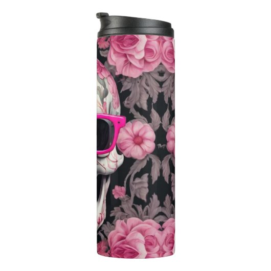 3D-Schädel mit rosa Blumenmotiv und Sonnenbrille Thermosbecher (Nach rechts gedreht)