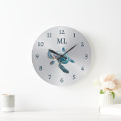 3D-Schildkröte Silber-Monogramm Große Wanduhr (Zuhause)