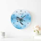 3D-Schildkröten-Silber-Monogramm Große Wanduhr (Zuhause)