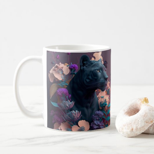 3D-Schwarz-Panther und Blume Kaffeetasse (Mit Donut)