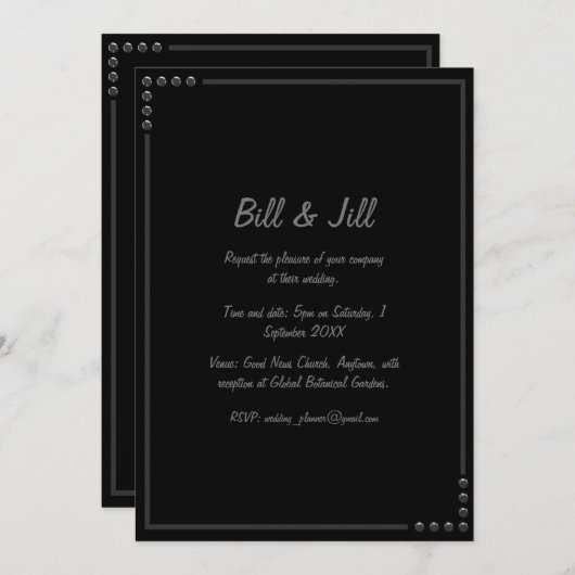 3D-Silber-Rahmen auf Schwarz-Hintergrund-Hochzeit Einladung (Vorne/Hinten)