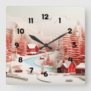 3D Skandinavische Winterlandschaft Quadratische Wanduhr