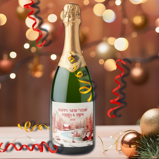 3D Skandinavische Winterlandschaft Schaumweinetikett