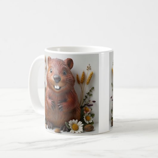 3D-Skulptur eines fröhlichen Bibers mit Blume Kaffeetasse (Vorderseite Links)