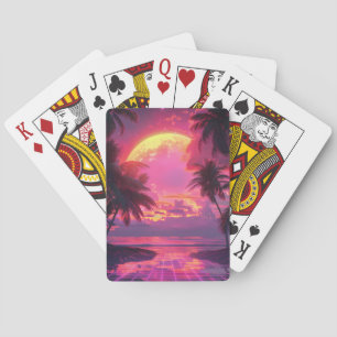 3D-Sonnenuntergang am Strand. Retro-Palmen Spielkarten