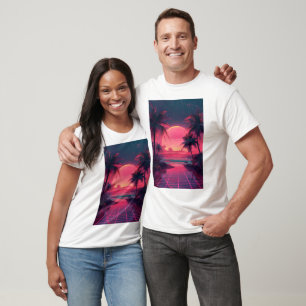 3D Sonnenuntergang am Strand. Retropalmen T-Shirt